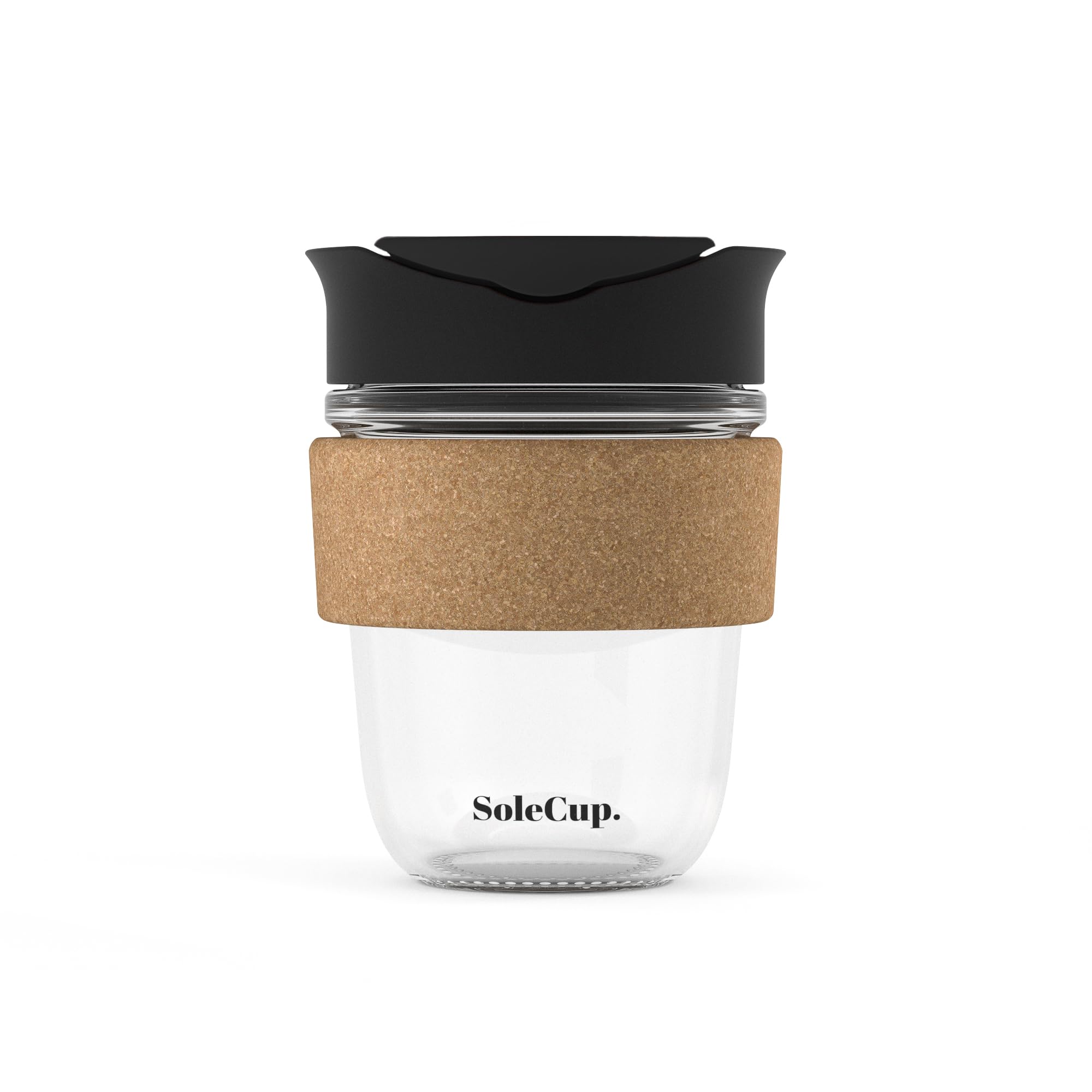 SoleCup. - Reusable Strengthened Glass Travel Cup - Spill Proof Coffee Mug - 12oz/340ml BPA-Free Hot Drink Travel Mug with Lid & Cork Band (Black, 340ml / 12oz)