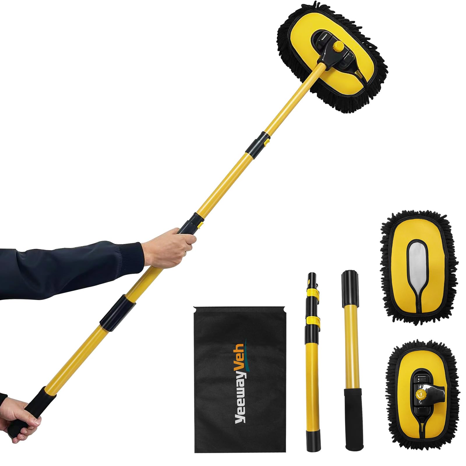 Photo 1 of YeewayVeh Car Wash Brush Mop with Long Handle, 55" Car Wash Brush with 2 Replaceable Microfiber Mop Heads, 15° Curved Extension Pole Auto Cleaning Wash Kit for Truck SUV RV Camper, Yellow