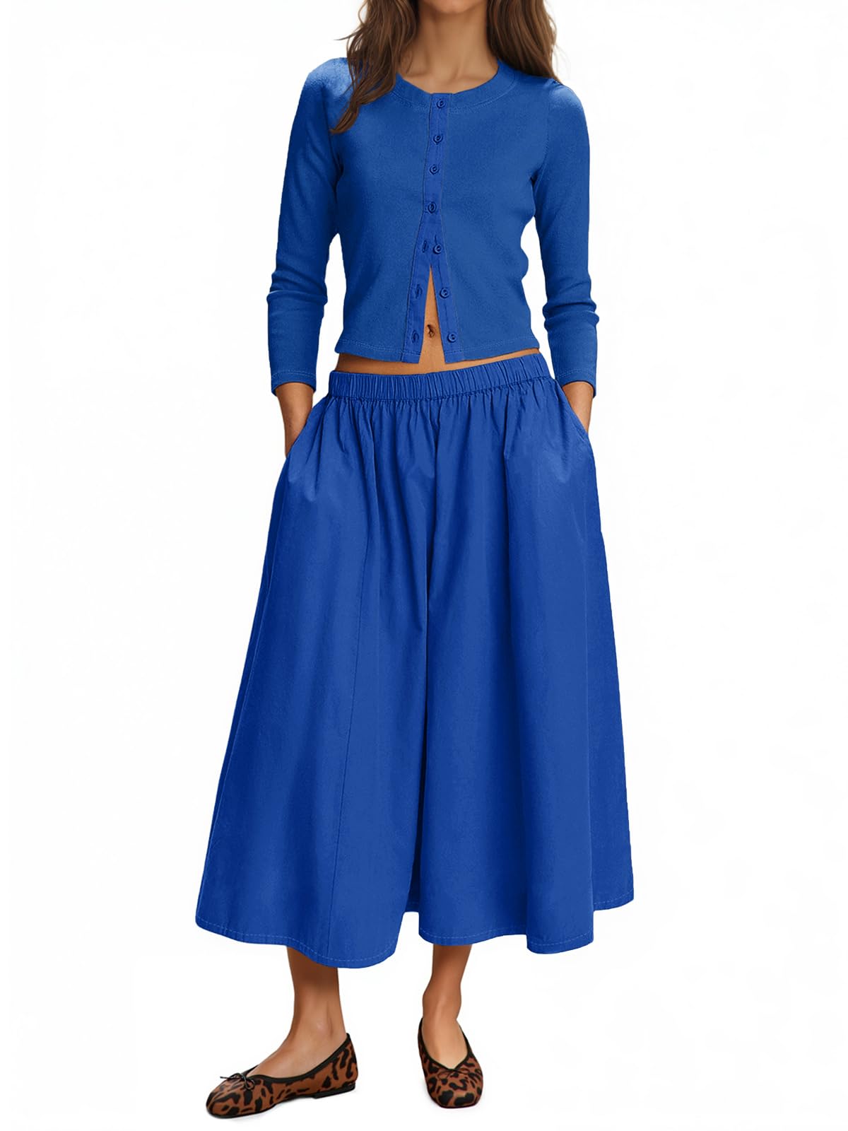 Photo 1 of Tankaneo Womens 2 Piece Skirt Sets 3/4 Sleeve Knit Cardigan Elastic Waist Midi Skirt Outfits Casual Matching Dress Set