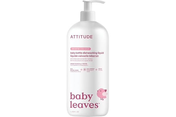 ATTITUDE Baby Bottle & Dish Soap, EWG Verified Bottle Cleaner, Fragrance Free & Dye Free, Removes Milk Residue & Grease, Vega