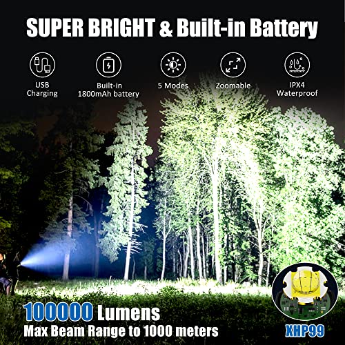 Zavuxo Rechargeable LED Flashlights high lumens,100000 Lumens Super Bright Tactical Flashlights,Waterproof Handheld Flashlight with 5 Mode,Built-in Battery,Zoomable for Emergencies Camping