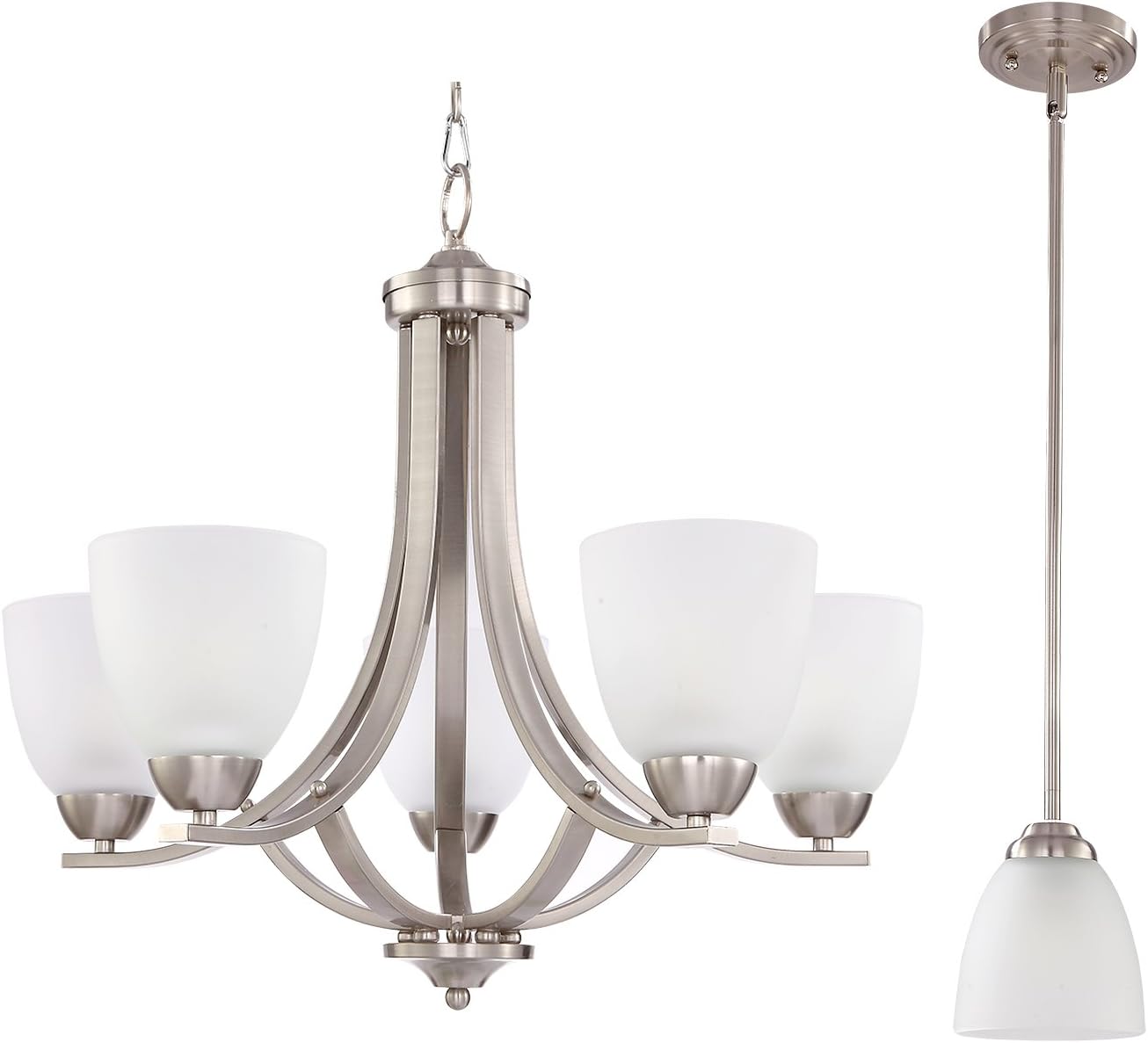 LivEditor 1-Light Pendant and 5-Lights Chandelier. Brushed Nickel Fixture with Adjustable Hanging Height (5+1 Lighting)