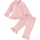 fhutpw Toddler Kids Baby Girl Pajamas Set Solid Color Ruffle Long Sleeve Button Shirt Top Pants Cotton Infant 2Pcs Pjs Set