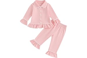 fhutpw Toddler Kids Baby Girl Pajamas Set Solid Color Ruffle Long Sleeve Button Shirt Top Pants Cotton Infant 2Pcs Pjs Set
