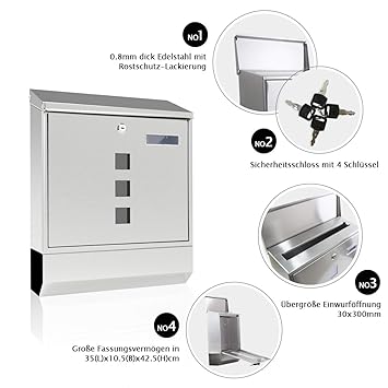 Edelstahl Briefkasten Nisso Briefkasten mit Zeitungsfach Gebürstet Namensschild Abschließbar Postkasten mit 4 Schlüssel Brief