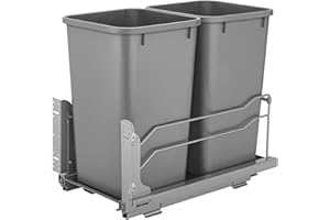 Rev-A-Shelf Double Pullout Trash Can for Base Kitchen Cabinets 27 Quart 12.5 Gallon with Soft-Close Slides, Metallic Silver, 53WC-1527SCDM-217