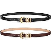 XZQTIVE 2 Pack 0.71'' Womens Skinny Leather Belts for Ladies Thin Waist Belt for Jeans Dress Pants with Fashion Gold Buckle