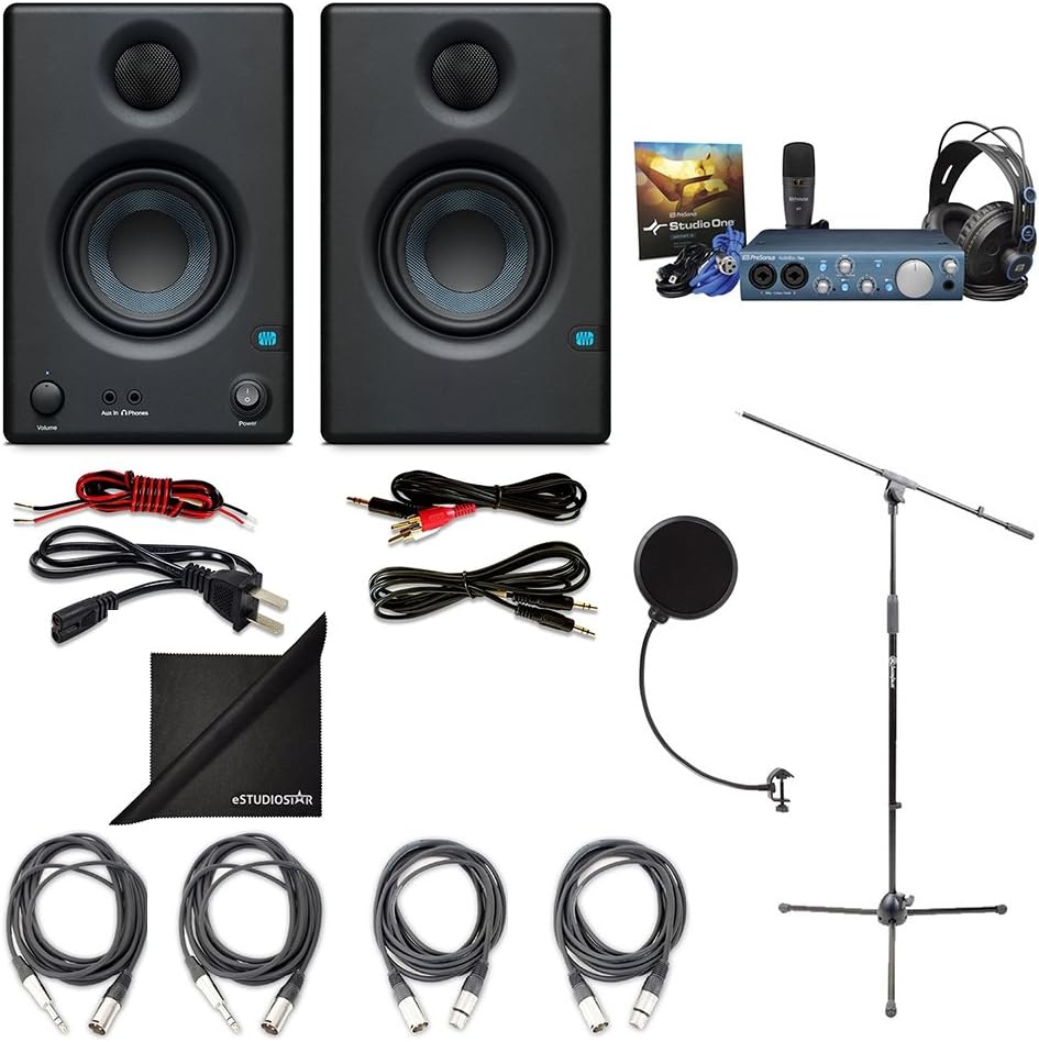 PreSonus Audiobox iTwo Studio w/PreSonus Eris E3.5 3.5" Monitoring Speakers (Pair), AxcessAbles Mic Stand, Cables, Windpop & Polishing Cloth