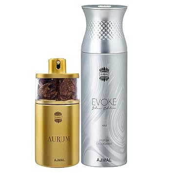 Ajmal Aurum EDP Fruity Floral Perfume 75ml for Women and Evoke Silver Edition Him Deodorant Spicy Floral Fragrance 200ml for Men + 2 Parfum Testers FREE