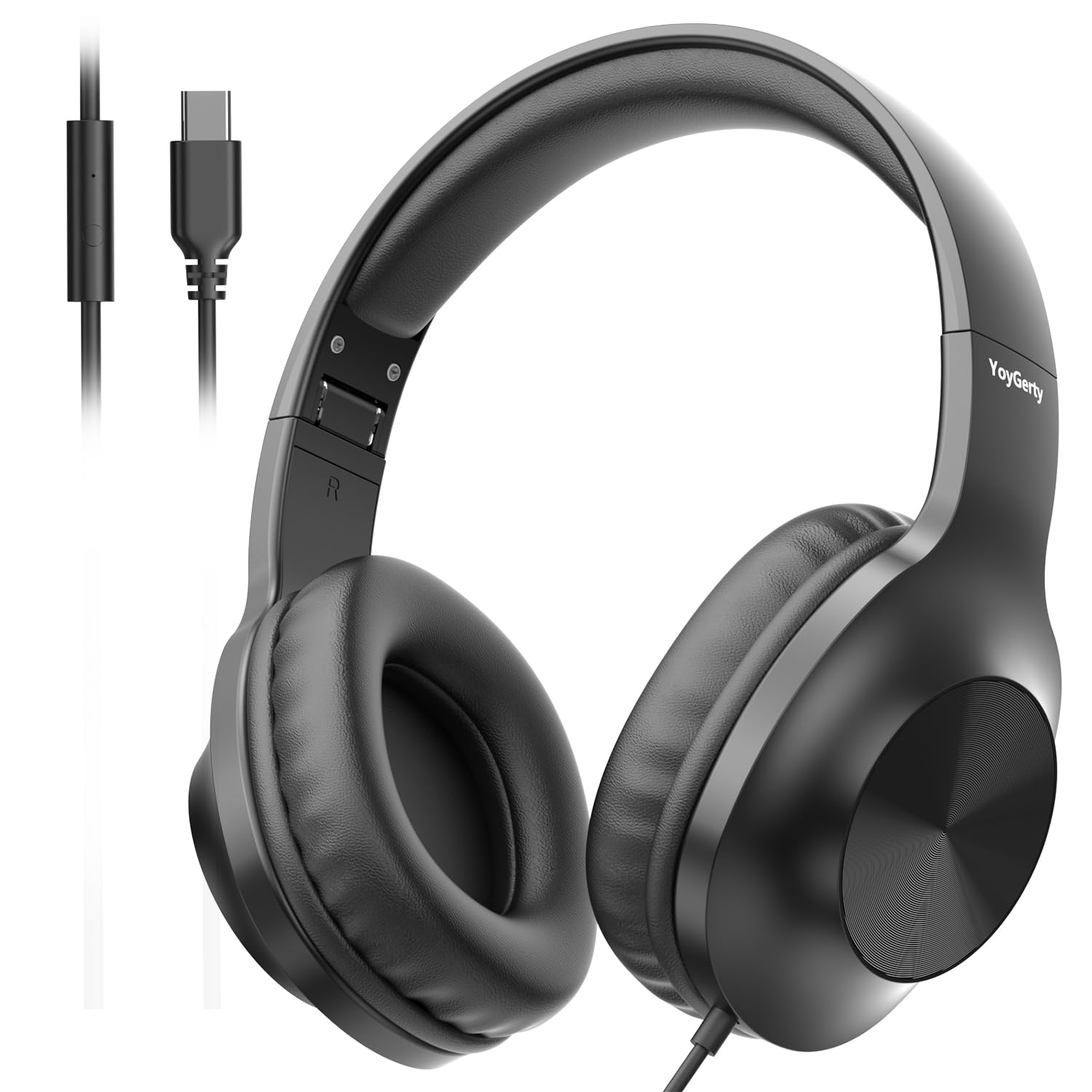 Photo 1 of yoygerty 2025 Upgraded USB Type C Wired Headphones, Over-Ear Headphones with Microphone and Volume Control Foldable Corded Stereo for Smartphone Tablet(Black)