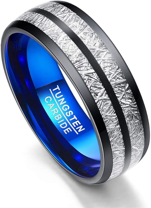 8mm Black Blue Tungsten Carbide Ring Dome Double Groove