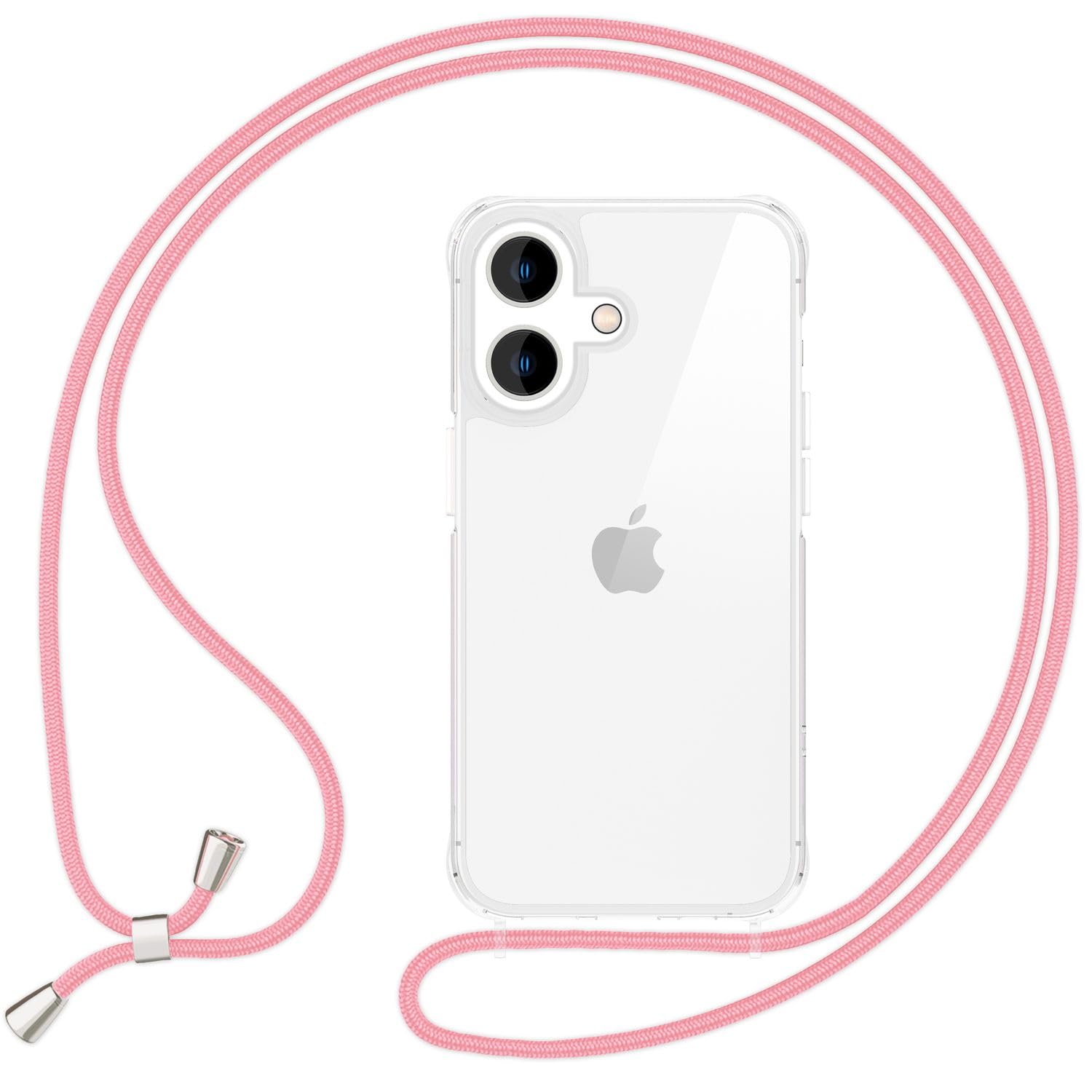 NALIA Necklace Case for iPhone 16 Plus - Transparent Hybrid Cover & Strap - HANGIT PRO (Anti-Yellow Back & Adjustable) - German Brand, Color:Pastel Pink