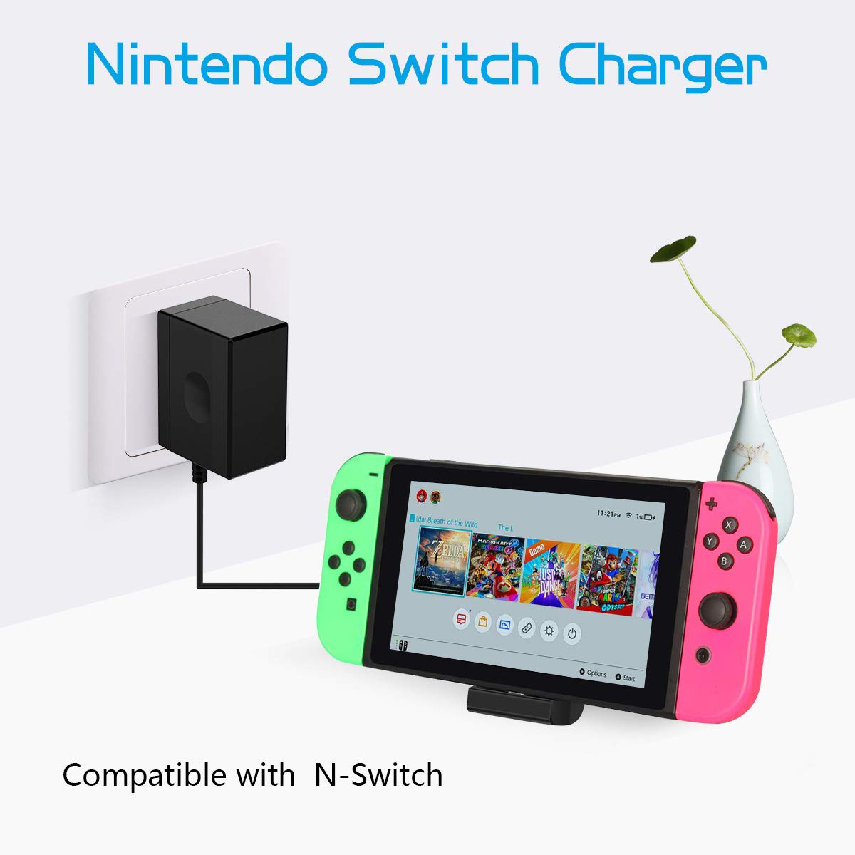 Switch Charger Compatible with Nintendo Switch/Pro Controller/Switch Dock with 5ft Type C Cable,Support TV Mode,2.5 Hours Fast Travel Wall Charger,1.5V/2.6A AC Adapter Power Supply