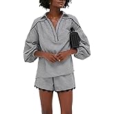 VAOYIU Women's Elegance Two-Piece Linen Outfit Set Cute Puff Long Sleeve Blouses Classic V-Neck Design Checkered Tops(BlackWhiteGrid-L)