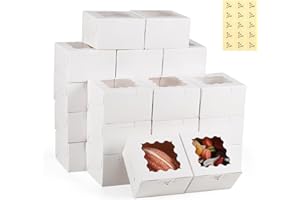 YEEHONG 20 Pack Cookie Boxes with Window, 4x4x2.5 Inch White Bakery Box, Kraft Paper Treat Boxes for Pastries, Cookies, Pie, Donuts, Macaron, Strawberry Boxes withTag