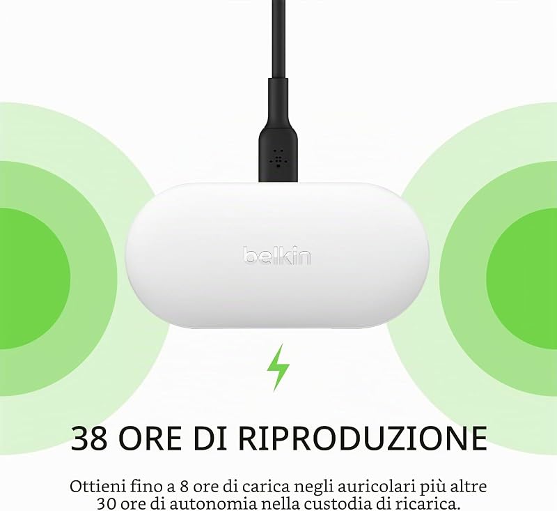 SOUNDFORM Play Auricolari wireless, Bluetooth 3 preselezioni dell’equalizzatore, Resistenti a sudore e schizzi IPX5, 38 ore riproduzione per iPhone, Galaxy, Pixel, Bianco,19-43",120°,AUC005btWH