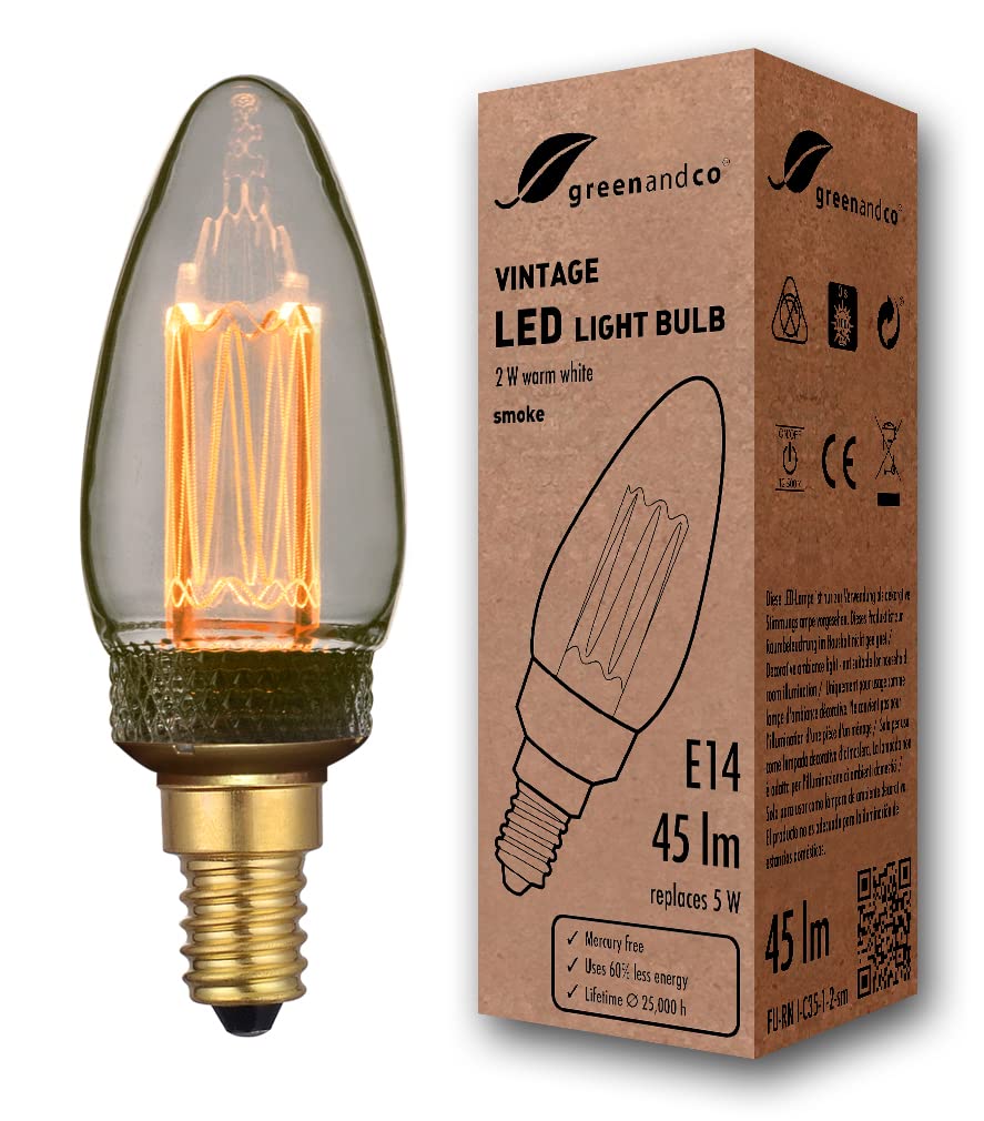 greenandco Decorative LED Vintage Light Bulb | E14 C35 | Smoke | 2W 45lm | 1800K Extra Warm White | 320° | 230V | Flicker Free | Not Dimmable