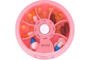INVODA Weekly Pill Organizer 7 Compartment Rotating Pill Box for Daily Medication & Vitamins - Portable Travel Pill Case Fish Oil Supplements Vitamins Organizer (Pink)