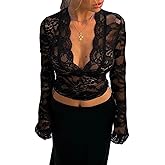 Chloefairy Sexy Women's Lace Blouse Flared Sleeve Deep V-Neck Lace Floral See Through Slim Fit Mesh Sheer Crop Tops Clubwear