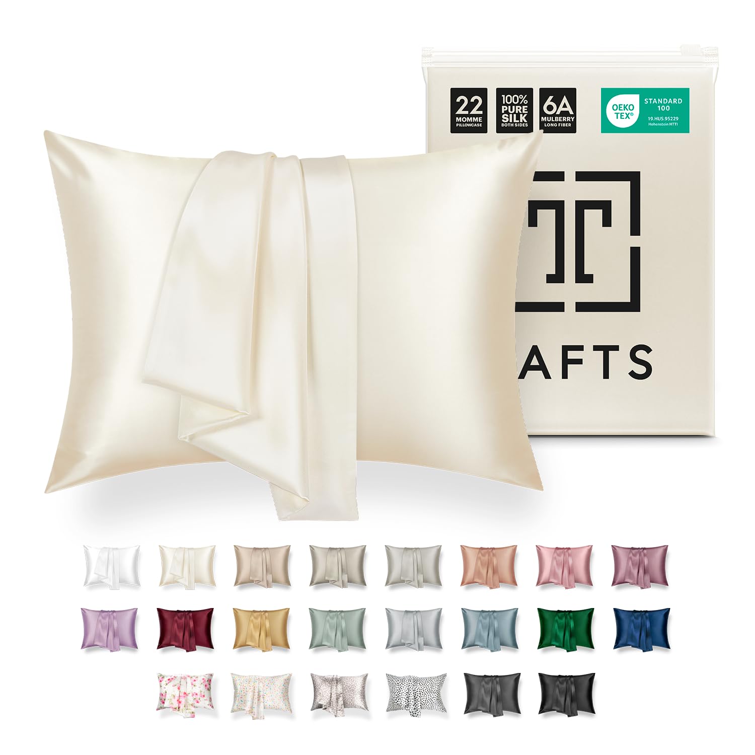 TAFTS Silk Pillowcase 22 Momme 100% Pure Mulberry Silk Pillowcase for Hair and Skin, Both Sides Grade 6A Long Fiber Natural Silk Pillow Case, Concealed Zipper, Queen, Cool White