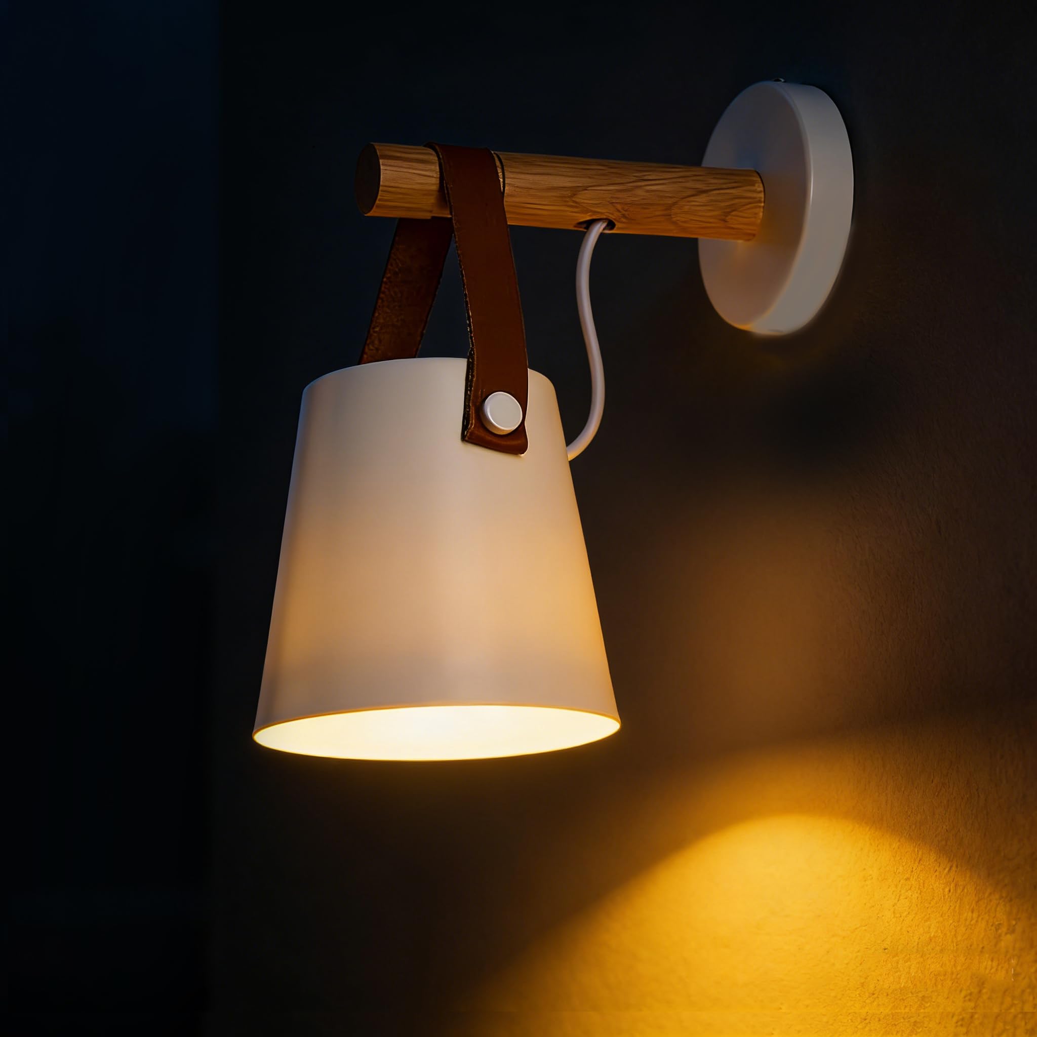 Chrasy Wall Light Sconce Modern Wooden Leather Decorative Led Wall Lamps E27 Base Lighting Fixture for Living Room Bedroom Bedside Study Porch Aisle Corridor (White)