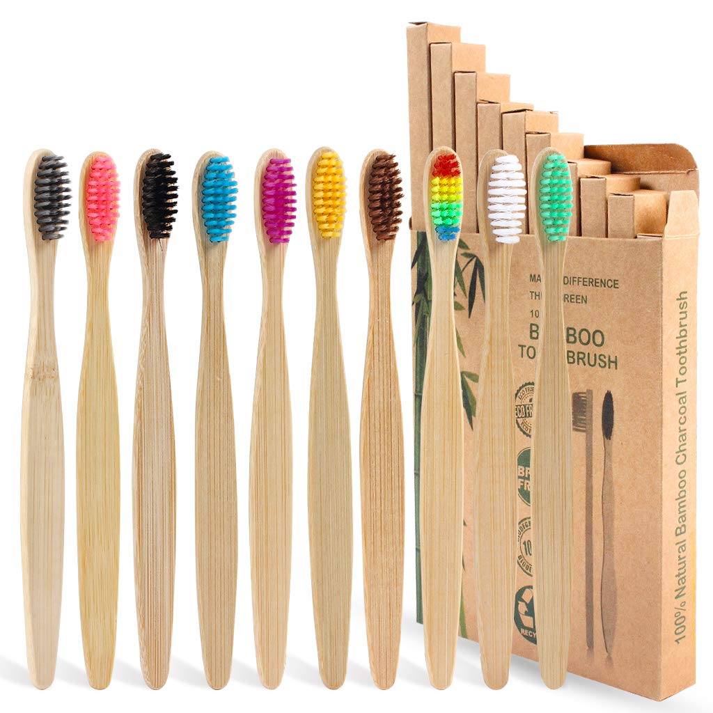 SWKJ Bamboo Toothbrushes with Soft Bristles,10 Packs of Biodegradable Organic Natural Wooden Toothbrush for Adult Kids, Eco-Friendly and Plastic Free Packaging for Family, Travel