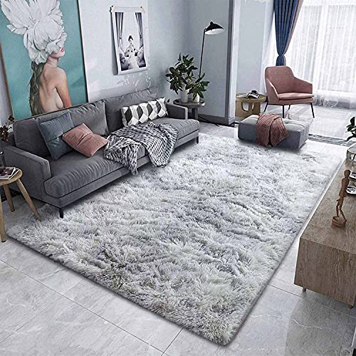 ASIinnsy Living Room Rug, Long Hair, Shaggy Modern Room Carpets, Large, Grey, Non-Slip, Soft, for Bedroom, Dining Room, Plush Rug (250 x 300 cm, Grey White)