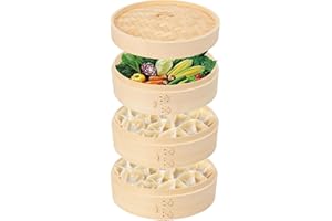 JMIATRY 3 Tier Bamboo Steamer 8 Inch Dumpling Steamer Basket With Side Handles Bamboo Steamers Basket With Lids for Steaming Cookware Asian Food, Bao Buns, Chinese Dim Sum, Dumpling