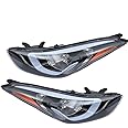 Left + Right Front Headlight Pair, Halogen Headlight Replacement Assembly For Hyundai Elantra 2014 2015 2016, Left Driver + Right Passenger Side 1 Pair Of Black And Chrome Shell Transparent Lenses