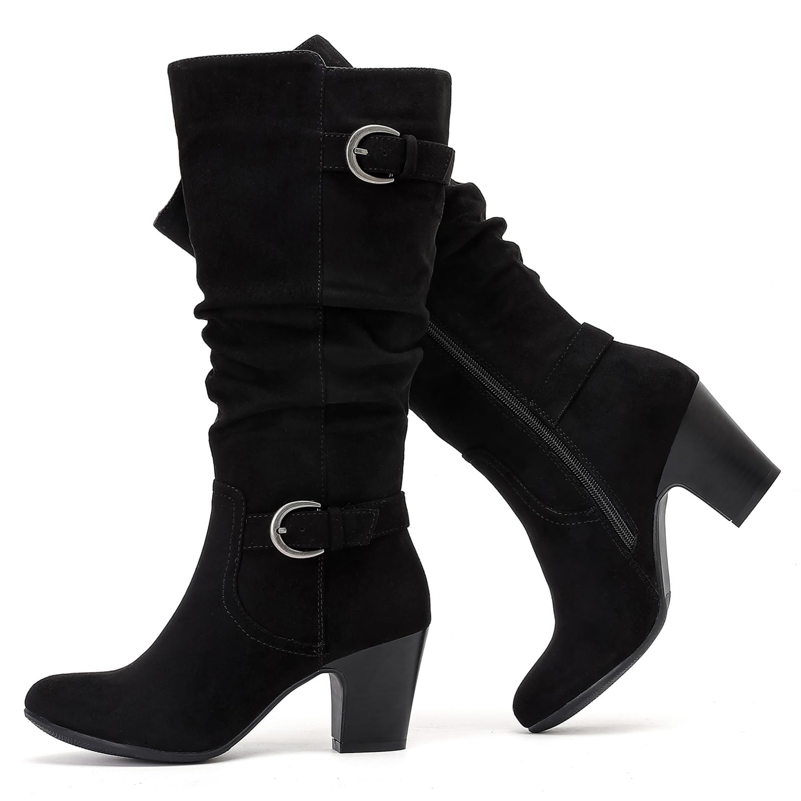 Photo 1 of Ruiee Women's Slouchy Knee High Boots with Chunky Heel, Pointed Toe, Comfortable and Fashionable Fall Winter Boots for Women.230301 Black MF Size11