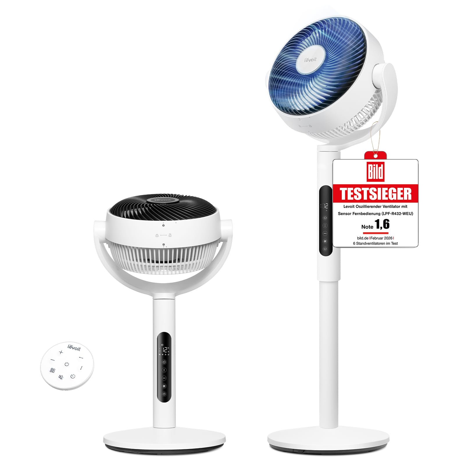 Levoit DC Motor Standventilator, 20dB leiser Ventilator, 30m Wurfweite, 2465m³/h Luftvolumen, Fan mit Fernbedienung und Kühlung, 2 in 1 höhenverstellbar, 4 Modi/12 Stufen/12 Std Timer, Weiß, 110cm