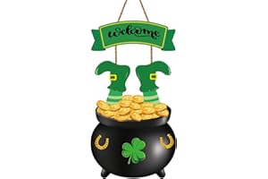 YUNKKIN St Patricks Day Decorations St Patricks Day Wreath Front Door Decorations Wooden Door Hanger Gold Coin Jar Leprechaun Feet Welcome Sign Hanging Decor for Wall Indoor Home Decor