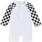 Lesimsam Toddler Baby Boy Swimsuit Checkered Patchwork Long Sleeve One Piece Zipper Bathing Suit Rash Guard Swimwear Sunsuit