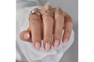 BTArtbox Press On Nails Almond – Short Gold Foil Press On Nails with Glue for Women, Semi-Transparent Soft Gel Glue On Nails in 16 Sizes – 32 Stick On Nails Kit, Gold End