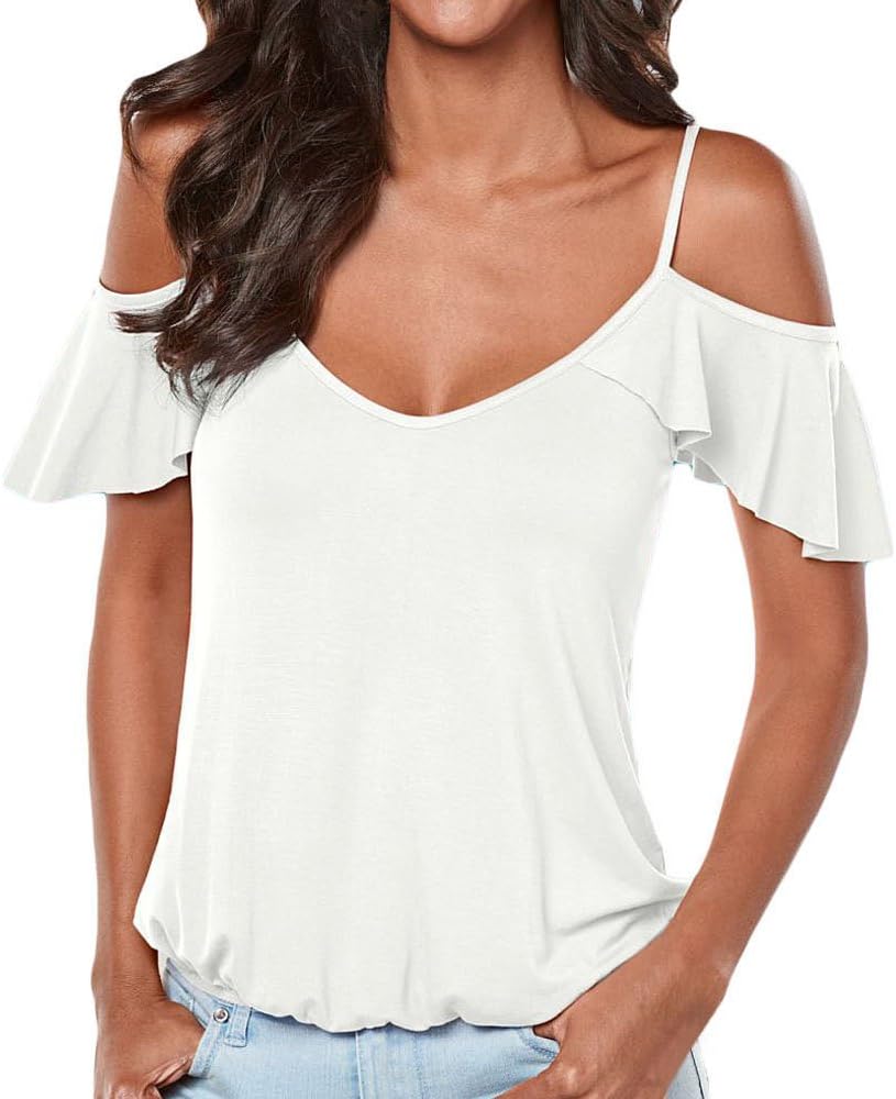 Uranus Women Boho Crisscross Back Cold Shoulder Cutout Ruffle Sleeve Top