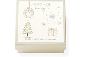 Karen Adams Joyeux Noel Christmas Holiday Gift Enclosure Box of 8 Assorted Cards with Envelopes Natural White