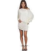 QIISEVEN Off Shoulder Dress Batwing Sleeves Dresses for Women Long Sleeve Oversized Sexy Ruched Bodycon Cocktail Dress