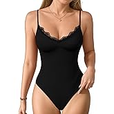 MANGOPOP Women's Cami Thong Bodysuit Double Lined Plunge Deep V Neck Backless Body Suit Adjustable Spaghetti Strap Tank Tops
