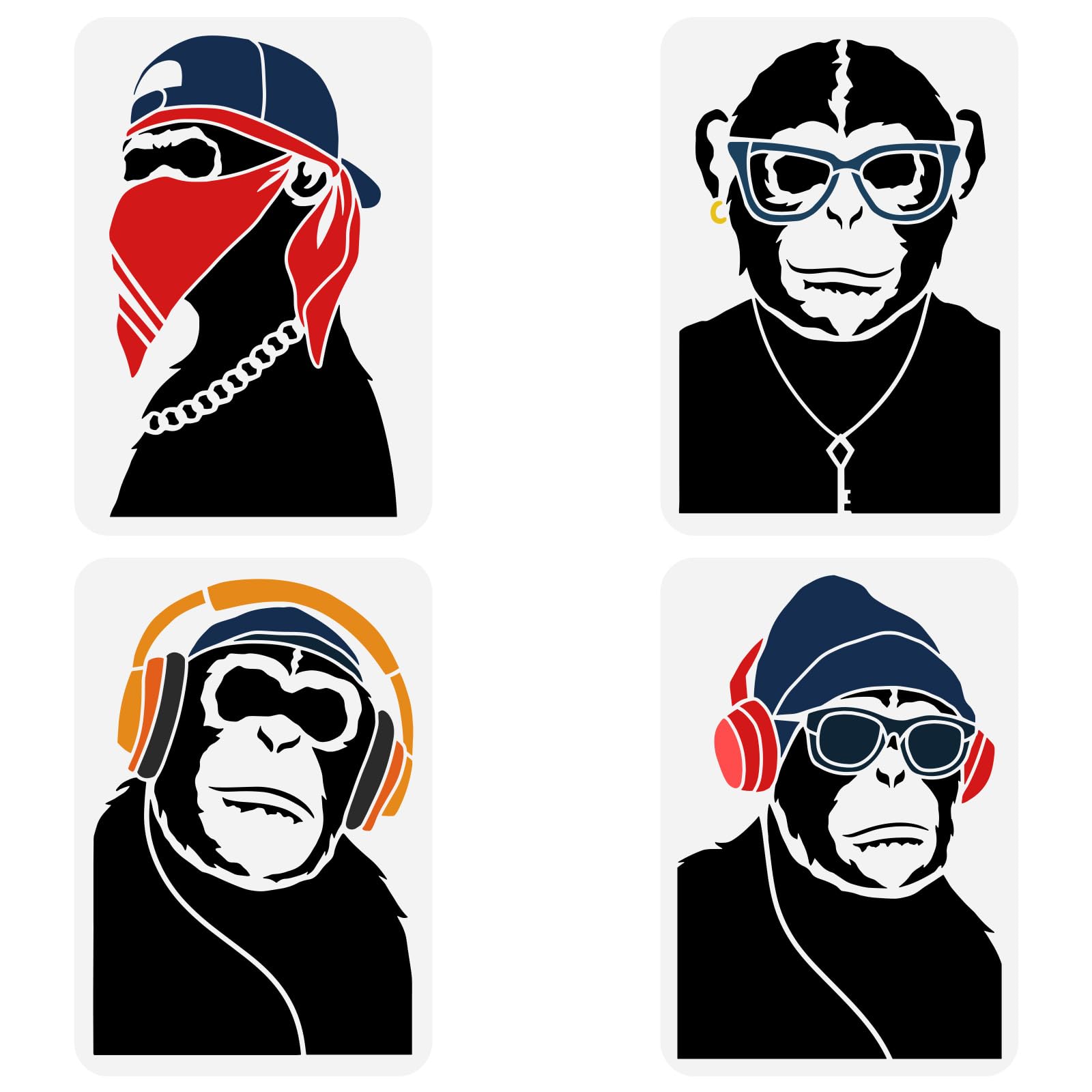 FINGERINSPIRE 4Pcs Hiphop Chimpanzee Stencil - 4 Styles Orangutan Pattern Drawing Template - Gorilla With Headphones Plastic Monkey Stencil for Painting on Wall Wood - DIY Home Decor (21x29.7cm)