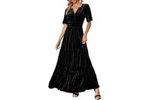 Amegoya Women's Velvet Short Sleeve V Neck Formal Wedding Guest Maxi Dresses Fall Evening Party Long Dresses