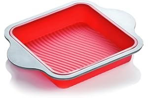 Boxiki Kitchen Non-Stick Silicone 8x8 Square Cake and Brownie Pan with Easy Grip Steel Frame Handles - Easy to Release, Oven 