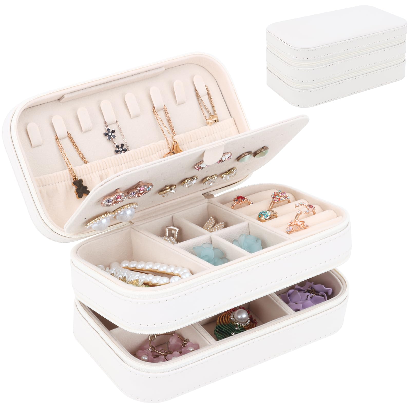 Photo 1 of DesignSter Small Travel Jewelry Box with Double Zipper, 2 Layers PU Portable Jewelry Case for Women and Girls,Travel Jewelry Organizer for Rings, Earrings, Necklaces, Bracelets,Beige