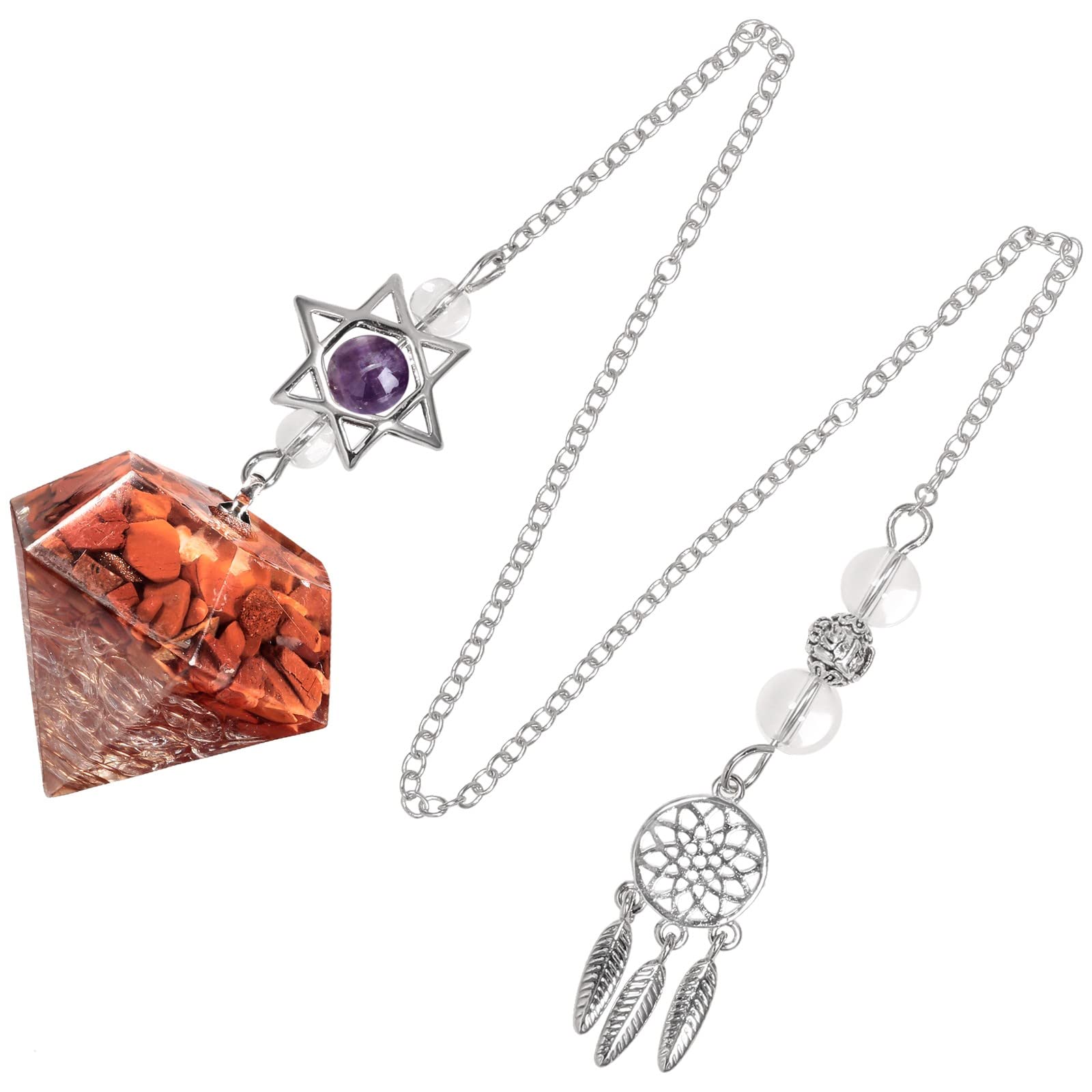 KYEYGWO Healing Crystal Point Pendulum with Dream Catcher and Star of David Necklace, Resin Pendulum Hexagon Crystal Stone Pendant, Red Jasper