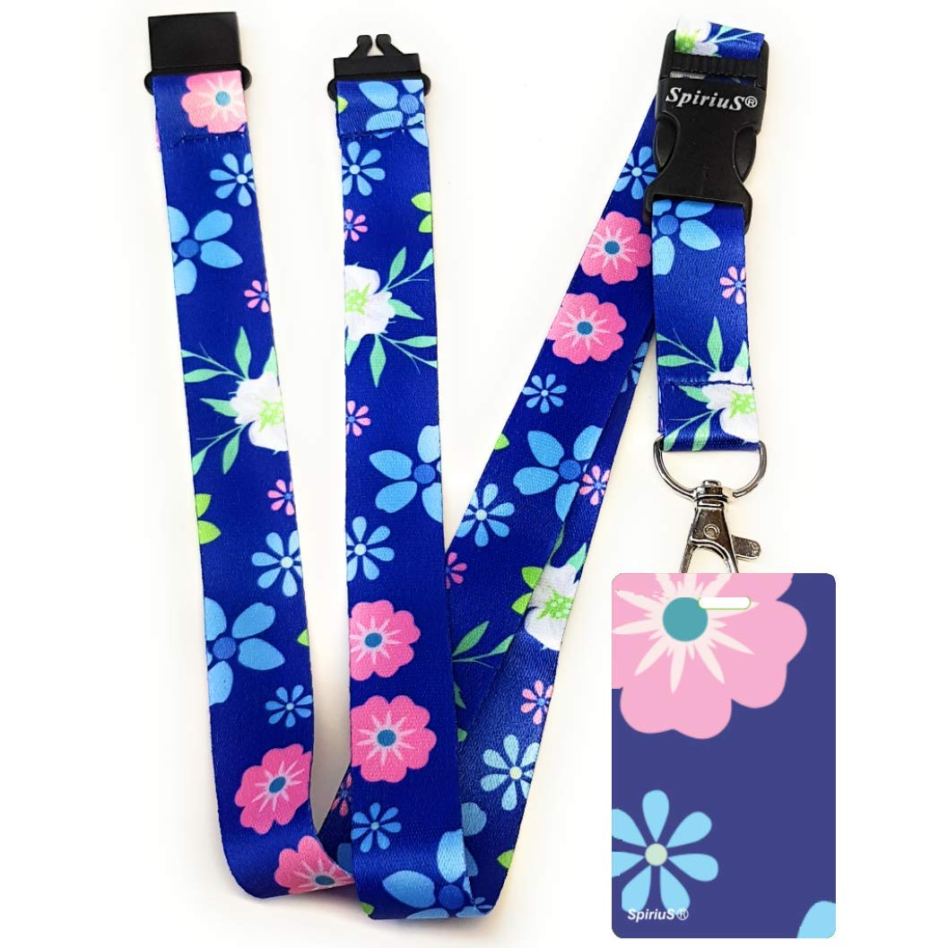 SpiriuS Lanyard Neck Strap with Unique Soft Plastic Badge Holder for Mobile ID Keys mp3 USB Holder. (Unique Flowers Dark Blue)