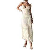 SOLY HUX Women's Summer Floral Embroidered Mesh Dress Formal Deep V Neck Maxi Cocktail Party Dresses
