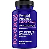 LOVEBUG Prenatal Probiotic Supplement - 7 Probiotics & Prenatal Vitamins for Women, 20 Billion CFU, with Soothing Peppermint, Ginger, Raspberry Leaf and Lemon Balm. 60 Capsules