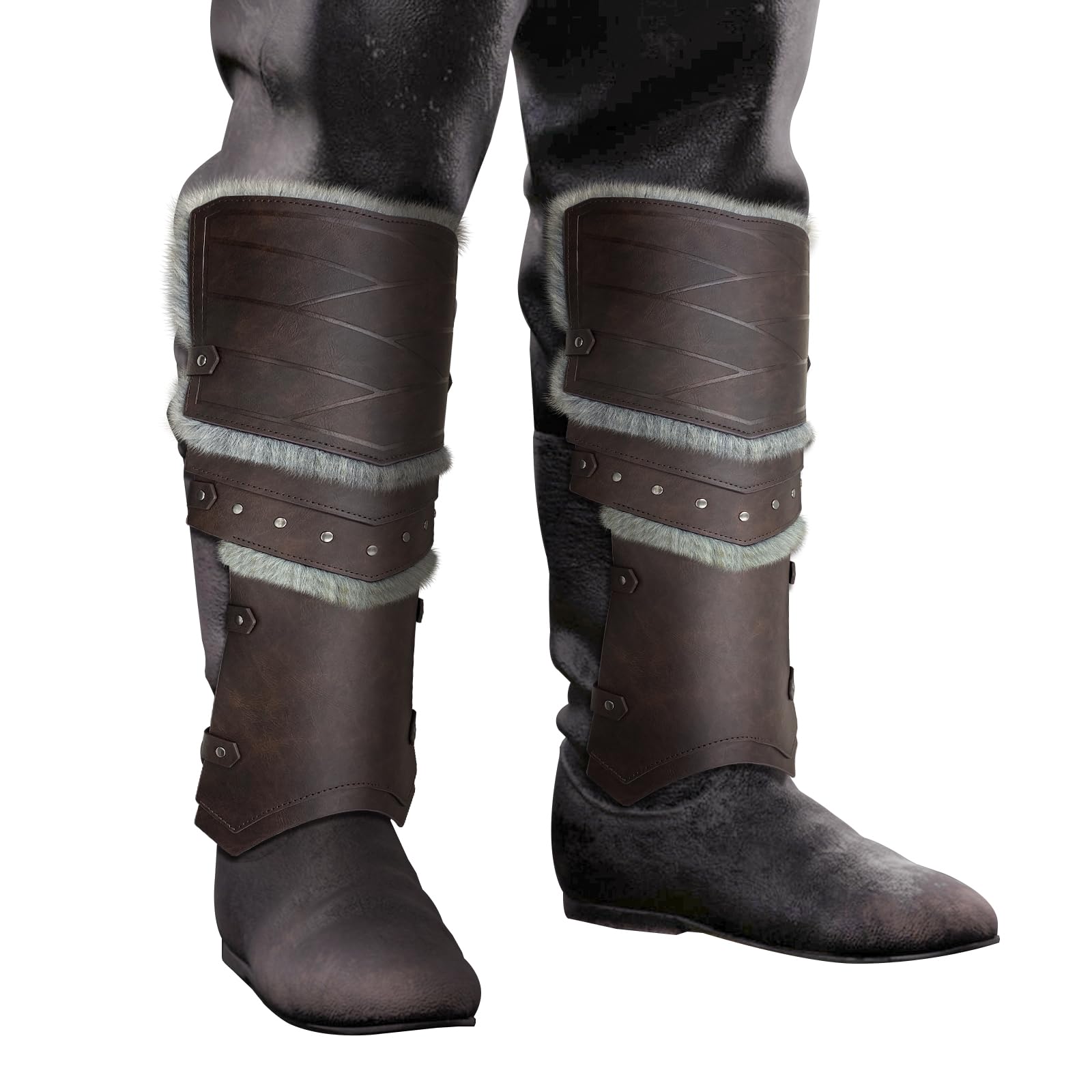 HiiFeuer Medieval Faux Leather Barbarian Leg Gaiters, Vintage Middle Ages Knight Leg Armor, Artificial Fur Shin Guards (Brown A)
