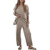 Tankaneo Women's 2 Piece Travel Outfits Casual Short Sleeve Knit Sweater Set Wide Leg Pants Lounge Sets Tracksuit