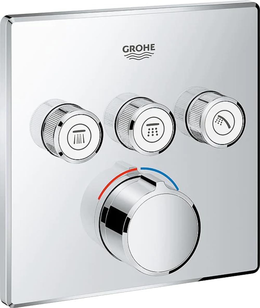 GROHE SmartControl - Square Concealed Mixer for Shower or Bath (3 Valves, Set for Final Installation for GROHE Rapido SmartBox, Push Button for ON-Off, Turn for Volume Adjustment), Chrome, 29149000