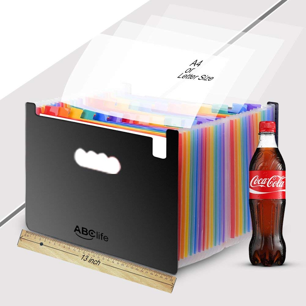 Expanding File Folder - ABC Life 24 Pockets Portable Rainbow A4 File Organiser Self Standing Accordion Document Wallet Business Filing Box High Capacity Storage Bag for Home & Office & School